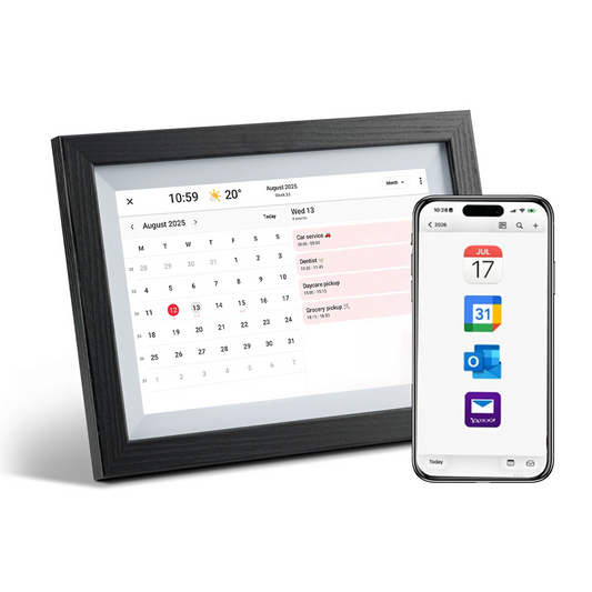 LuvLink digital calendar displaying August 2025 with synced events, shown alongside a smartphone with calendar app icons.