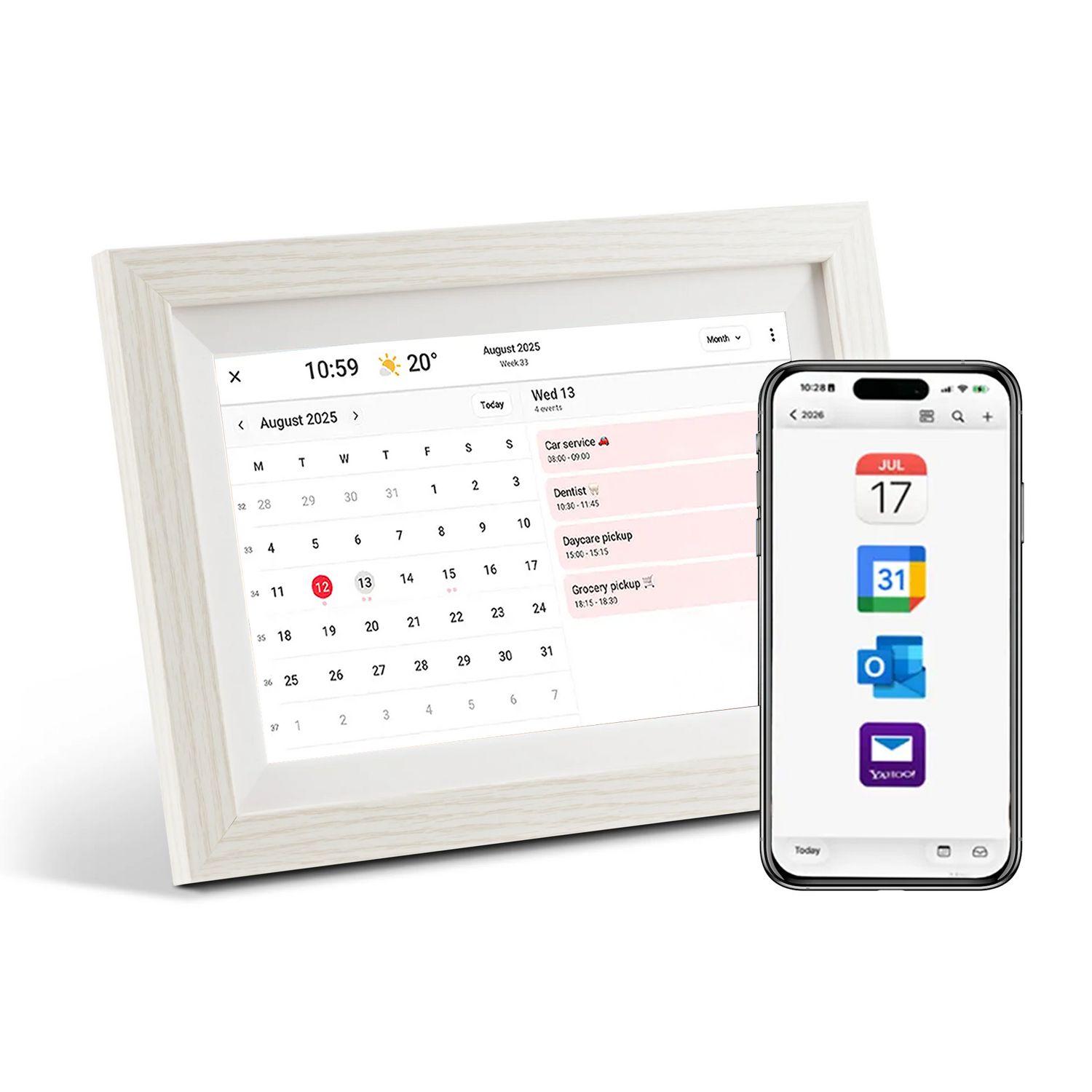 LuvLink Digital Calendar displaying August 2025 with synced events, shown alongside a smartphone with calendar app icons.