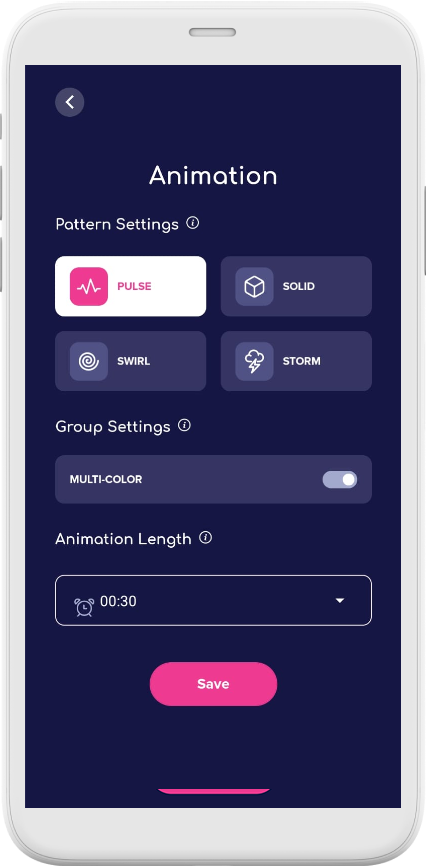 The Animation settings screen in the LuvLink app