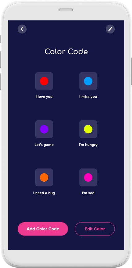 The Color Code screen in the LuvLink app, showing six colours with meanings