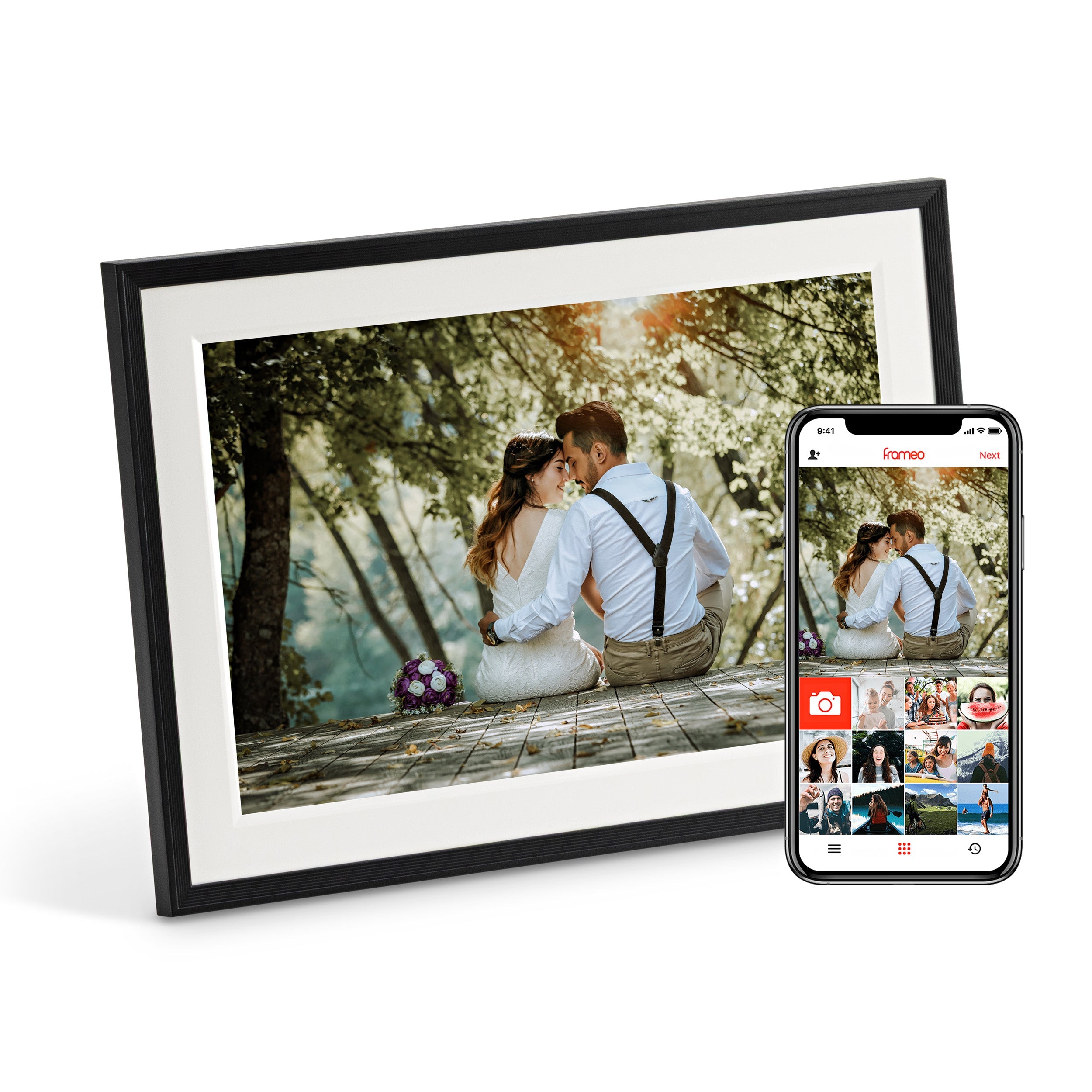 A LuvLink Digital Photo Frame displaying a wedding photo