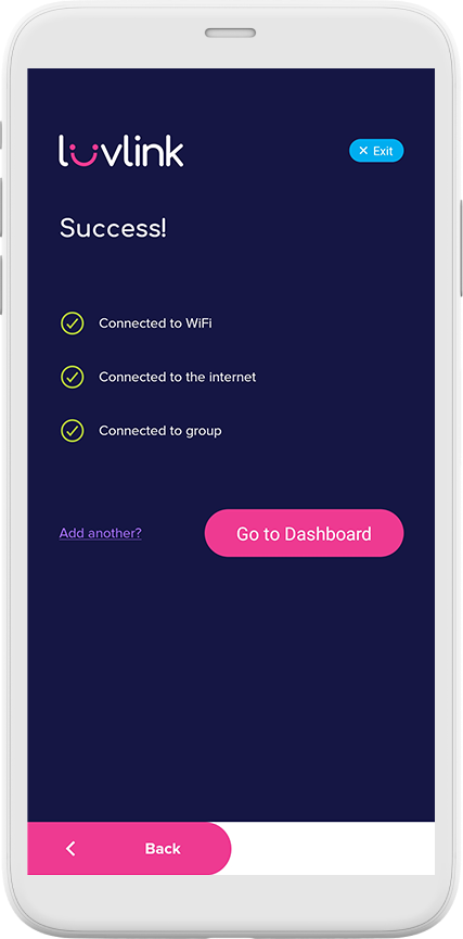 The LuvLink app setup-success screen — Wi-Fi, internet and three green ticks