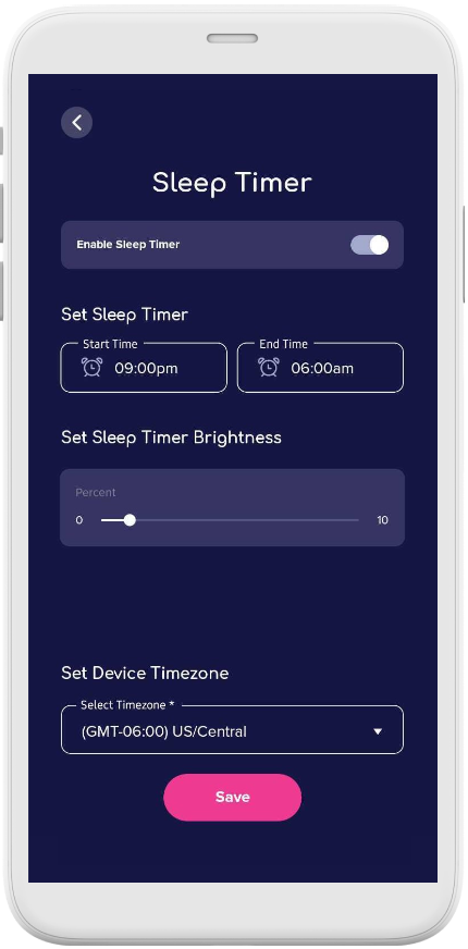 The Sleep Timer screen in the LuvLink app